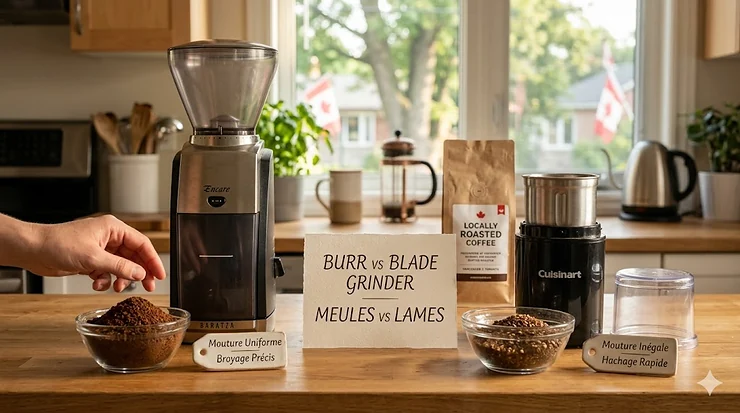 Comparing burr vs blade grinder for home coffee brewing in Canada. | Comparison d'un moulin à meules et à lames pour le café à la maison au Canada. burr grinder vs blade grinder