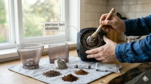 Easy-to-clean removable parts of a home conical burr grinder.