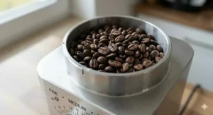 Coffee beans inside the grinder hopper | Grains de café dans la trémie du moulin
