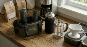 A comparison of discarded coffee pucks, contrasting the easy removal of AeroPress from the messy French press grounds.