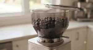 Large capacity bean hopper on a premium conical burr grinder for home baristas.