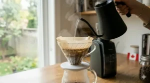 Close-up of coffee grounds blooming during the pour over process.