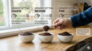 Comparing coffee grounds texture using a reliable conical burr grinder.