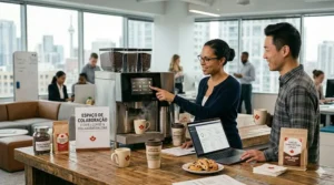 Office coffee machine combo in a shared collaboration area | Espace café avec machine combinée dans une zone collaborative