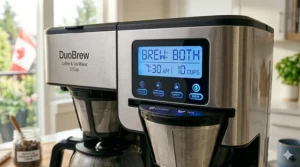 Compact coffee and tea maker combo designed for small spaces. / Cafetière et théière combinées compactes pour petits espaces.