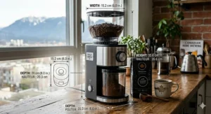 Technical line drawing showing the compact footprint of the grinder on a small kitchen counter.