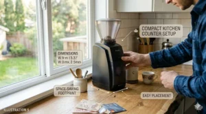 Compact conical burr grinder fitting perfectly on a small Canadian kitchen counter.