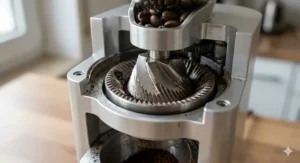 Close-up of conical burr mechanism | Gros plan du mécanisme à meules coniques