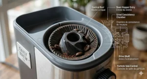 Close-up illustration showing how conical burrs crush coffee beans into consistent grounds.