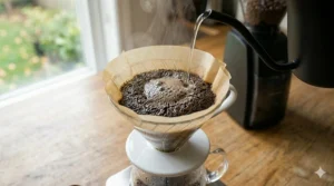 Using a gooseneck kettle for a controlled pour over coffee technique.