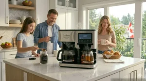 Dual-brew coffee and tea maker system with separate carafes. / Système de préparation double pour café et thé avec carafes séparées.