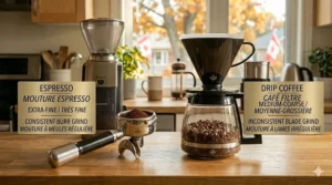 Different grind settings for espresso versus filter coffee. | Différents réglages de mouture pour l'espresso et le café filtre.