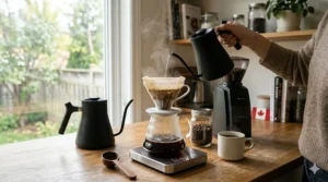 Essential brewing gear for pour over coffee for beginners at home.