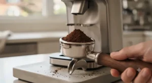 Fine coffee grounds in a portafilter, ideal for espresso extraction.