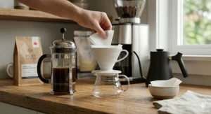 Steeping coarse coffee grounds in a classic glass French press coffee maker with rising steam.