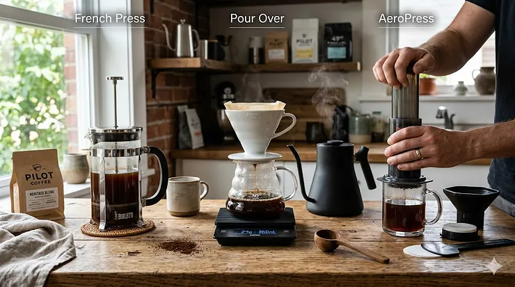 A side-by-side photorealistic comparison of French press, pour-over, and AeroPress coffee brewing methods on a rustic wooden counter. French press vs pour over vs AeroPress