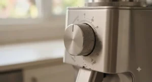 Precision grind size adjustment dial on a high-end coffee grinder.