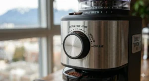 Detailed view of the grind adjustment dial on a budget conical burr grinder.
