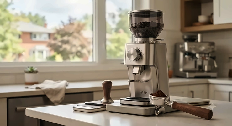 Sleek high-end conical grinder for professional home use in a modern Canadian kitchen. high end conical grinder home use