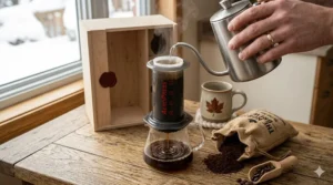 Demonstrating the brewing process of a high-quality manual coffee maker gift.