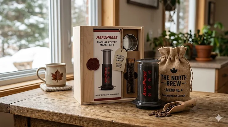Elegant manual coffee maker gift set, perfect for Canadian coffee lovers.