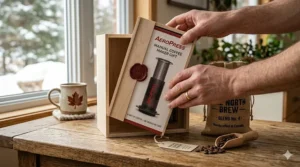 A beautifully wrapped manual coffee maker gift for a friend or family member.
