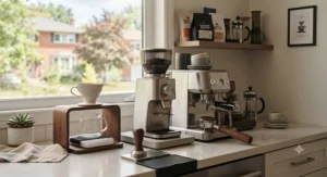 A complete high-end coffee station setup featuring a conical grinder.