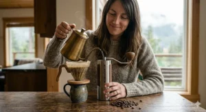 Person brewing fresh coffee using an eco-friendly manual maker | Personne préparant du café frais avec une cafetière manuelle écologique