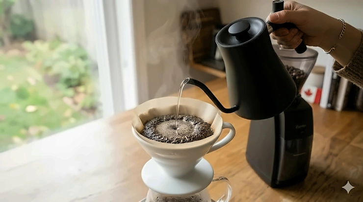 A person in a wool sweater brews coffee using a gooseneck kettle and a V60 filter over a glass carafe on a scale. It's a bright Canadian kitchen scene for pour over coffee for beginners. pour over coffee for beginners