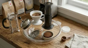 A barista precisely pouring hot water from a gooseneck kettle into a pour-over dripper, illustrating the technique.