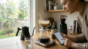 Serving fresh pour over coffee in a mug on a cold morning.