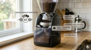 Durable, low-noise conical burr grinder ideal for early morning coffee routines.
