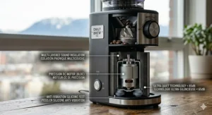 Icon-style illustration highlighting the quiet operation of the budget conical burr grinder.