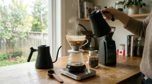 Carefully timing the pour over coffee extraction for best flavour.