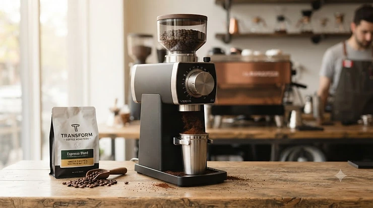 Professional 64mm flat burr grinder for precise home espresso brewing.