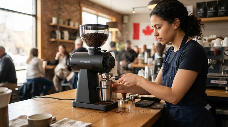 Based on the image set provided, here is the SEO-optimized Alt Text for the Canadian markeProfessional 83mm flat burr grinder for premium espresso. Moulin à café avec meules plates 83mm.