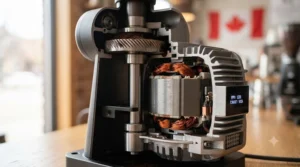 High-torque motor powering an 83mm flat burr grinder. Moteur haute performance 83mm.