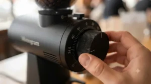 Micrometric adjustment dial on an 83mm flat burr grinder. Réglage micrométrique précis 83mm.