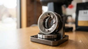 Close-up of 83mm flat burr grinder set for high-precision coffee grinding. Meules plates de 83mm.