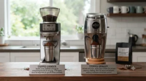 Feature summary chart comparing ease of use versus professional grind precision.