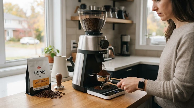 A modern electric burr grinder freshly grinding whole coffee beans on a kitchen counter, highlighting top picks for Canadian coffee enthusiasts.best electric burr grinders