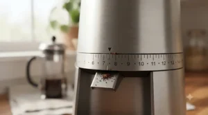 Cleaning residual coffee dust from the conical burrs using a small wooden brush. / Nettoyage de la fine poussière de café résiduelle sur les meules coniques à l'aide d'une petite brosse en bois.