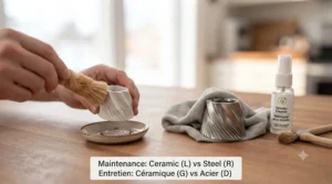Chart comparing particle size consistency in ceramic and steel burrs