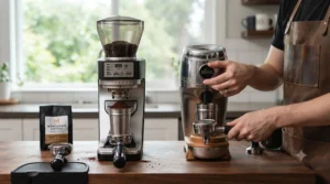Home barista adjusting grinder settings specifically for a single-shot espresso.