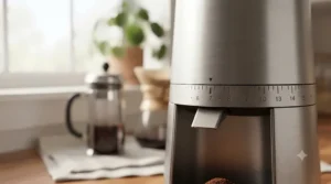 Side-by-side comparison of coarse French Press grounds and fine espresso grounds on a slate mat. / Comparaison côte à côte de mouture grossière pour presse française et de mouture fine pour espresso sur une ardoise.