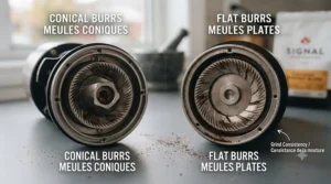 Diagram comparing conical and flat burr mechanisms inside electric coffee grinders, explaining grind consistency for Canadian home baristas.