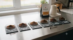 Close-up of a hand adjusting the precision stepless grind dial on a stainless steel electric burr grinder in a sunlit Canadian kitchen.