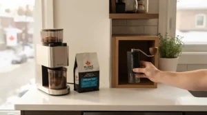 Space-saving layout comparison of a compact manual hand grinder versus a bulky electric coffee grinder in a small Canadian apartment kitchen.