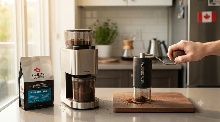 Side-by-side comparison of a sleek stainless steel electric coffee grinder and a manual hand-crank grinder on a modern kitchen counter, highlighting the electric coffee grinder vs manual grinder debate for home baristas in Canada.