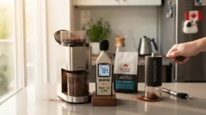 Infographic illustrating the low noise level of a manual hand crank compared to a motor-driven electric coffee grinder for quiet early mornings in Canadian homes.